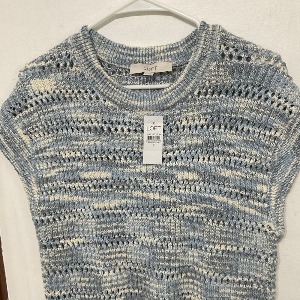 NWT Loft Striped Open Knit Sweater Vest Blue/Cream Preppy Womens Size Small - Picture 6 of 8